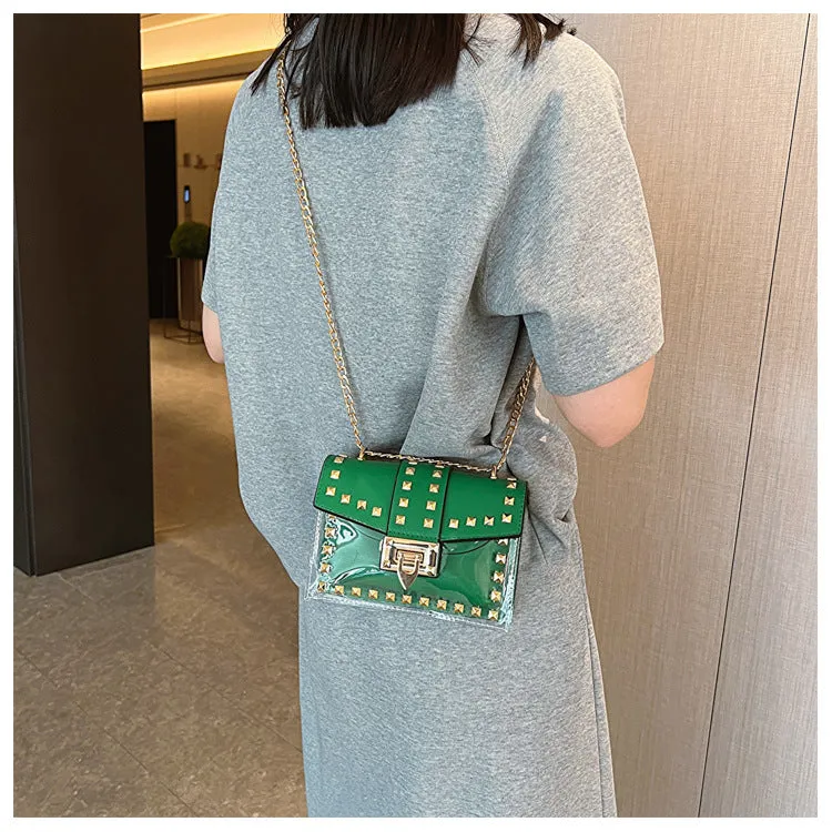 Transparent Rivet Bag Women2023New Women's Shoulder Messenger Bag Trendy Versatile Chain Bag Cross-Border Small Square Bag