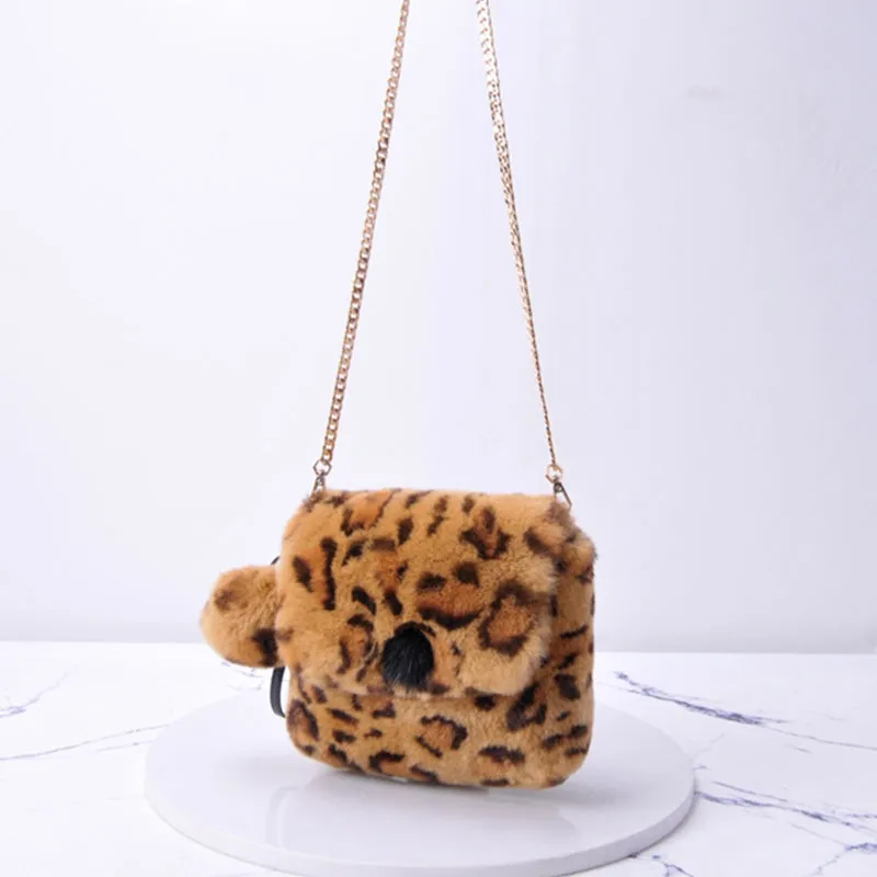 Women's Leopard Rex Rabbit Fur Bag Shoulder Messenger Bag Chain Handbag Cute Crossbody Fashion Bags 2022 New 8800