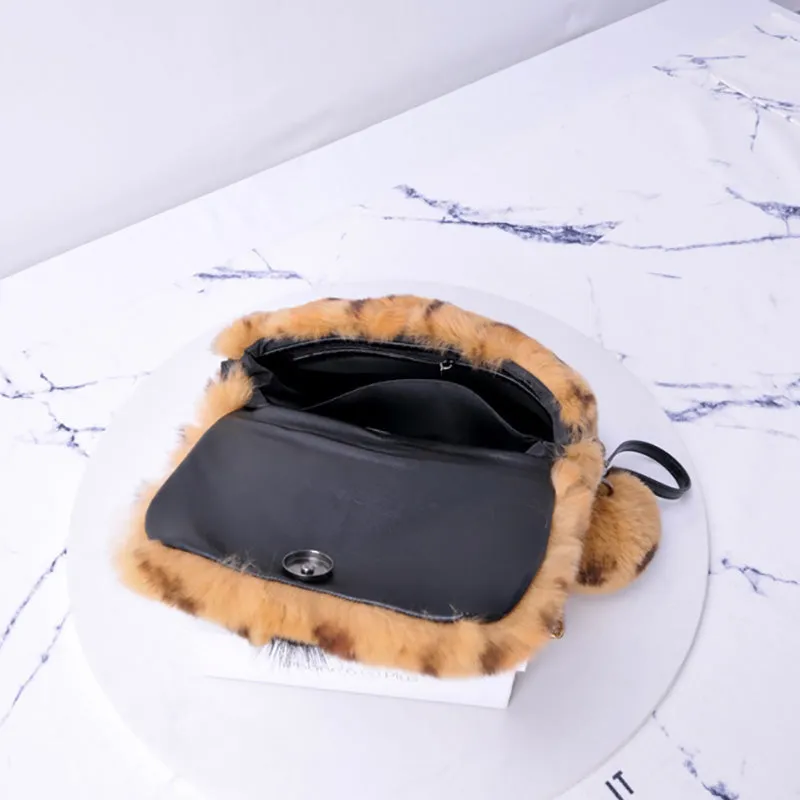 Women's Leopard Rex Rabbit Fur Bag Shoulder Messenger Bag Chain Handbag Cute Crossbody Fashion Bags 2022 New 8800