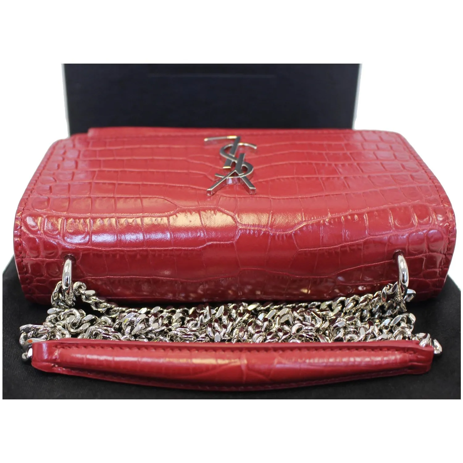 YVES SAINT LAURENT Sunset Crocodile-Embossed Wallet on a Chain Bag Red