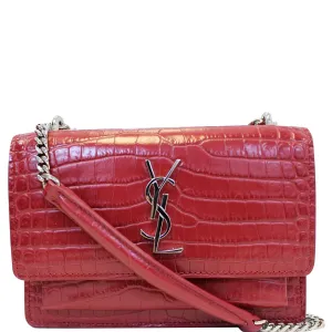 YVES SAINT LAURENT Sunset Crocodile-Embossed Wallet on a Chain Bag Red