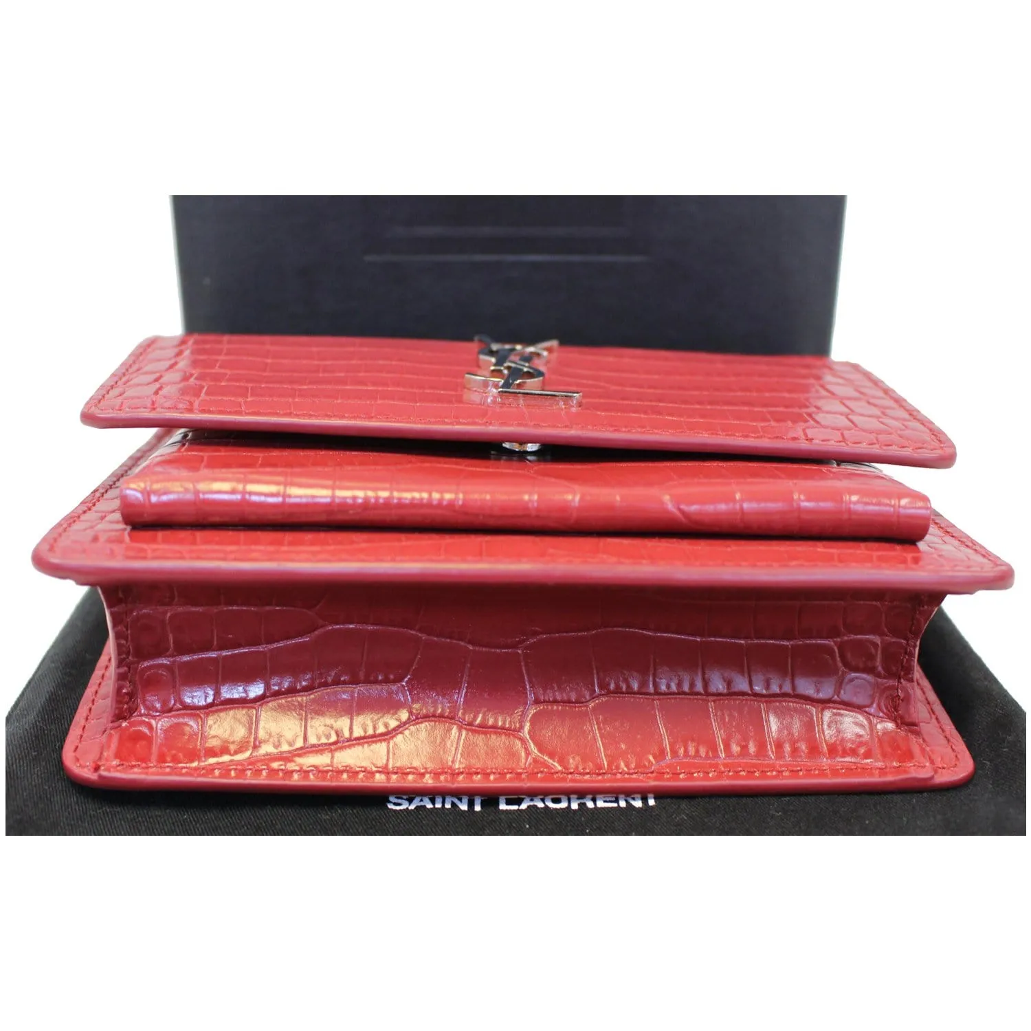 YVES SAINT LAURENT Sunset Crocodile-Embossed Wallet on a Chain Bag Red