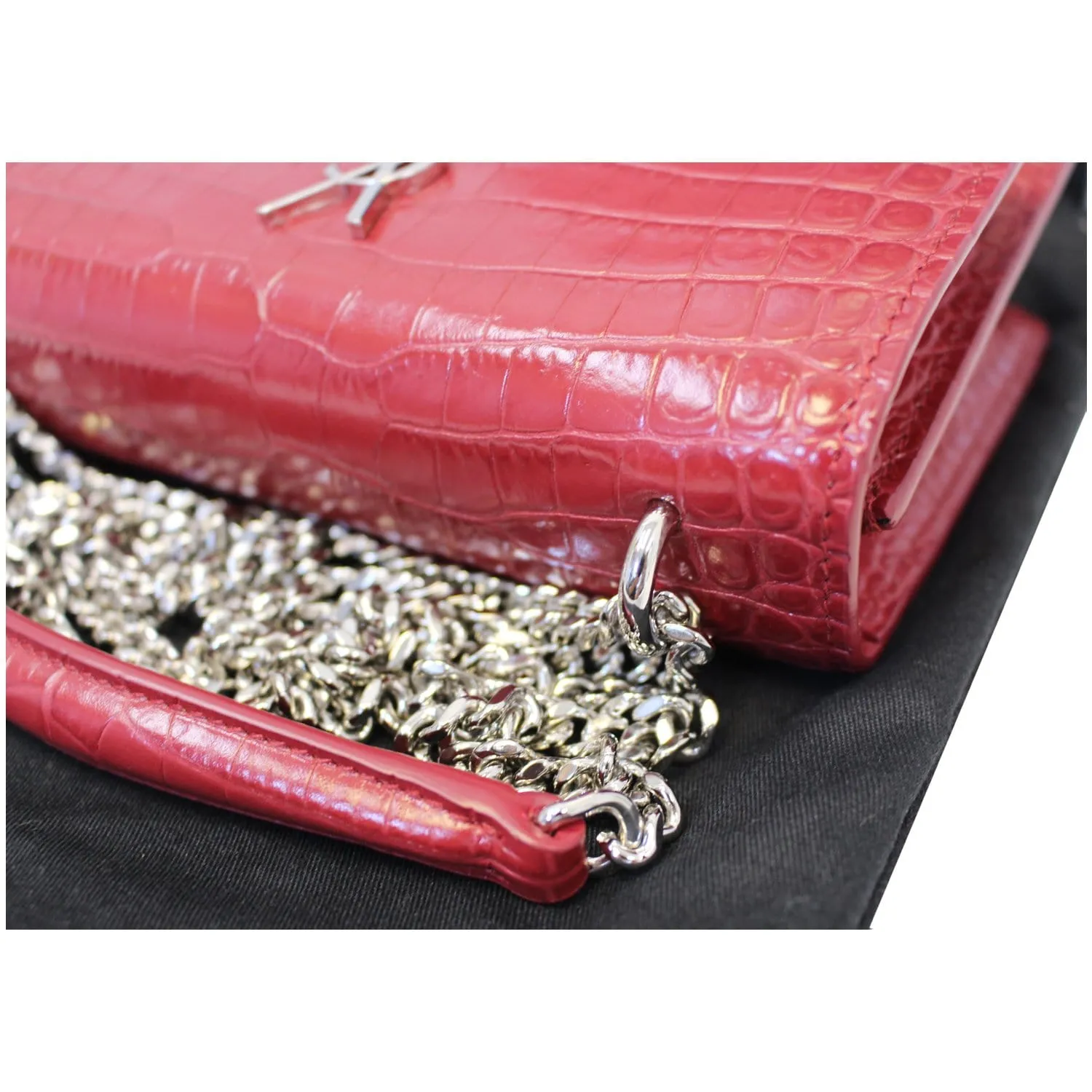 YVES SAINT LAURENT Sunset Crocodile-Embossed Wallet on a Chain Bag Red