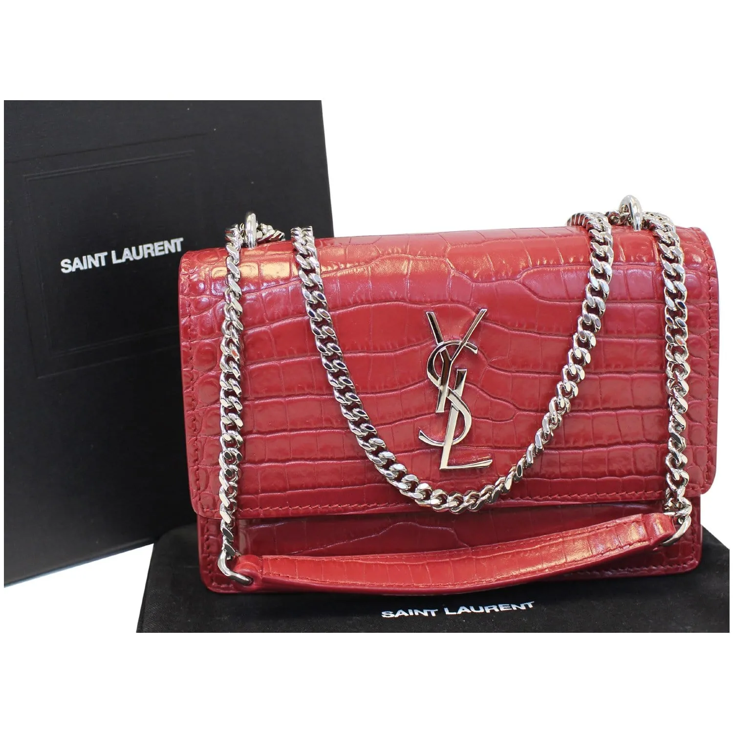 YVES SAINT LAURENT Sunset Crocodile-Embossed Wallet on a Chain Bag Red
