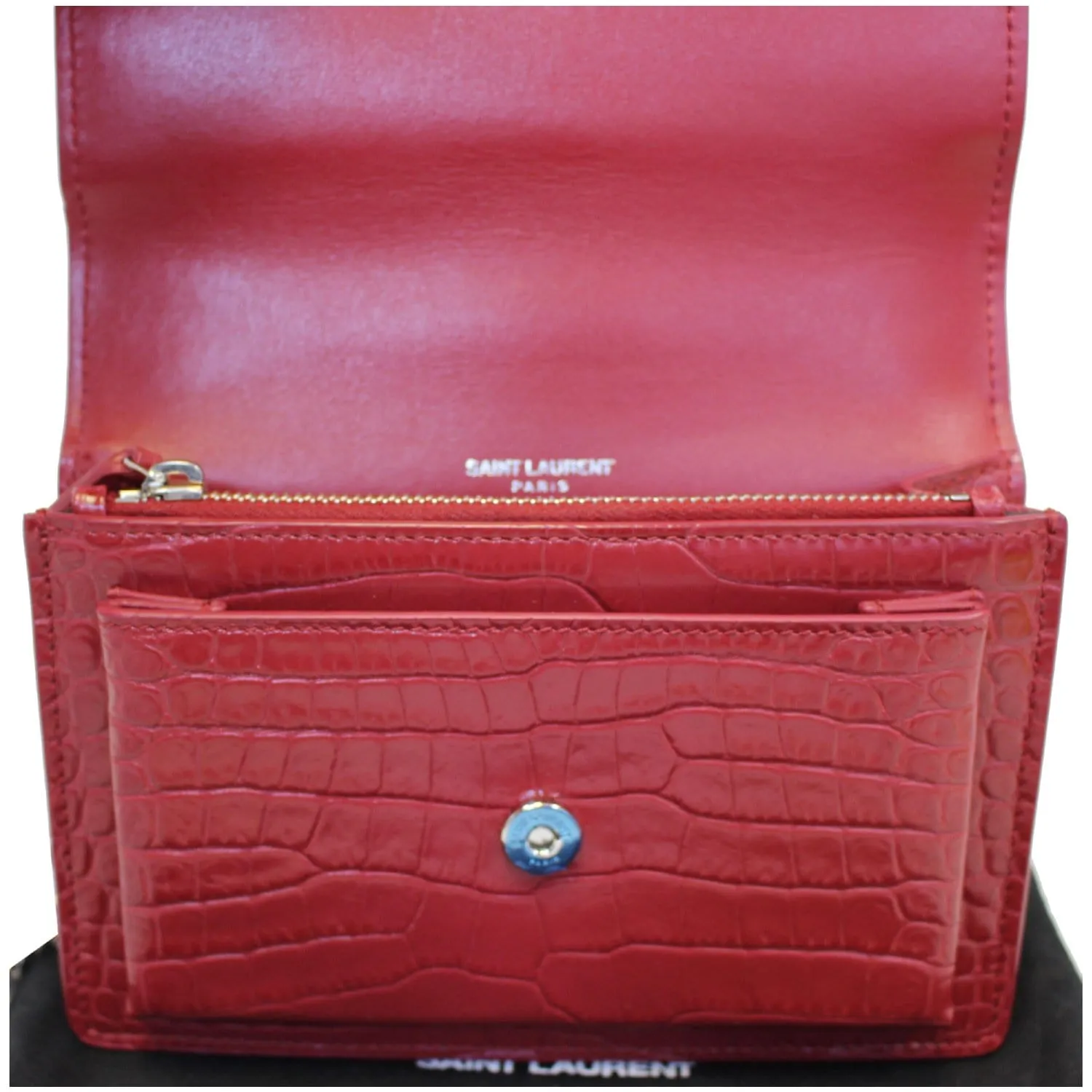 YVES SAINT LAURENT Sunset Crocodile-Embossed Wallet on a Chain Bag Red