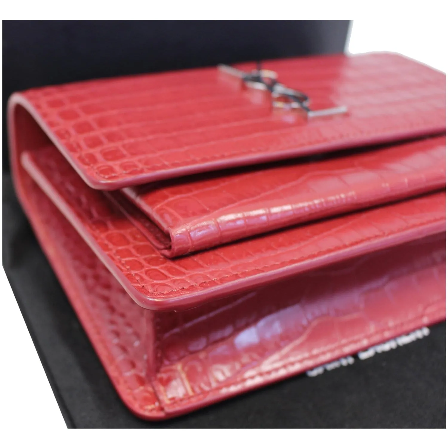 YVES SAINT LAURENT Sunset Crocodile-Embossed Wallet on a Chain Bag Red