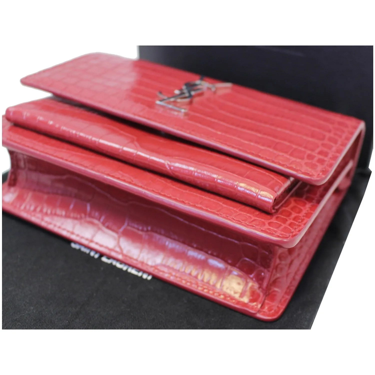 YVES SAINT LAURENT Sunset Crocodile-Embossed Wallet on a Chain Bag Red