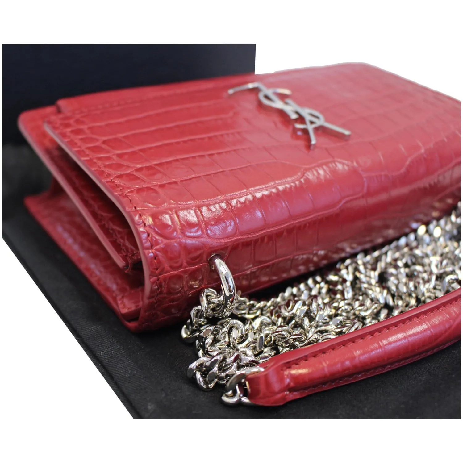 YVES SAINT LAURENT Sunset Crocodile-Embossed Wallet on a Chain Bag Red