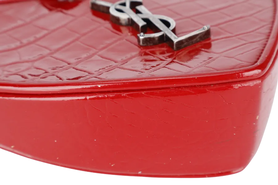 YVES SAINT LAURENT (YSL) PLB BOITE LOVE POCHETTE SMALL RED CROC EMBOSSED LEATHER SILVER HARDWARE WITH CARD AND DUST COVER
