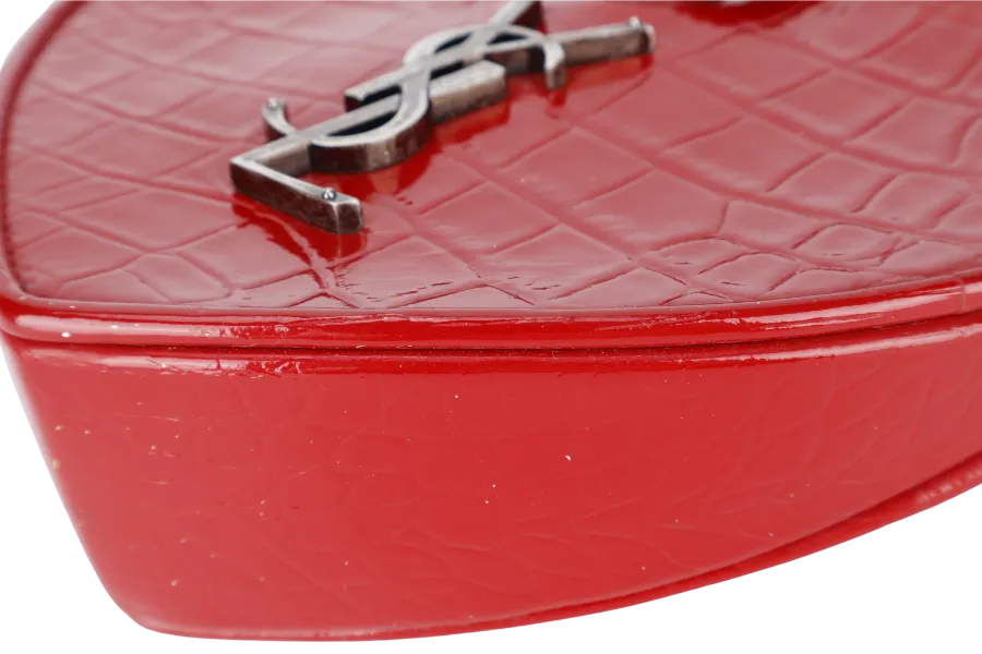 YVES SAINT LAURENT (YSL) PLB BOITE LOVE POCHETTE SMALL RED CROC EMBOSSED LEATHER SILVER HARDWARE WITH CARD AND DUST COVER