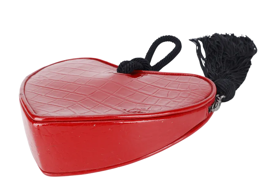 YVES SAINT LAURENT (YSL) PLB BOITE LOVE POCHETTE SMALL RED CROC EMBOSSED LEATHER SILVER HARDWARE WITH CARD AND DUST COVER