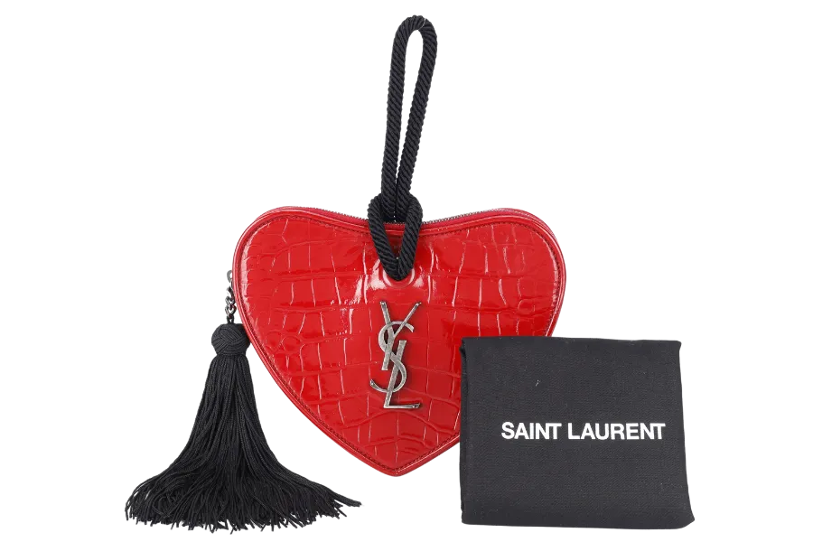 YVES SAINT LAURENT (YSL) PLB BOITE LOVE POCHETTE SMALL RED CROC EMBOSSED LEATHER SILVER HARDWARE WITH CARD AND DUST COVER