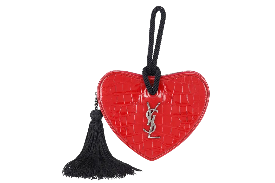 YVES SAINT LAURENT (YSL) PLB BOITE LOVE POCHETTE SMALL RED CROC EMBOSSED LEATHER SILVER HARDWARE WITH CARD AND DUST COVER