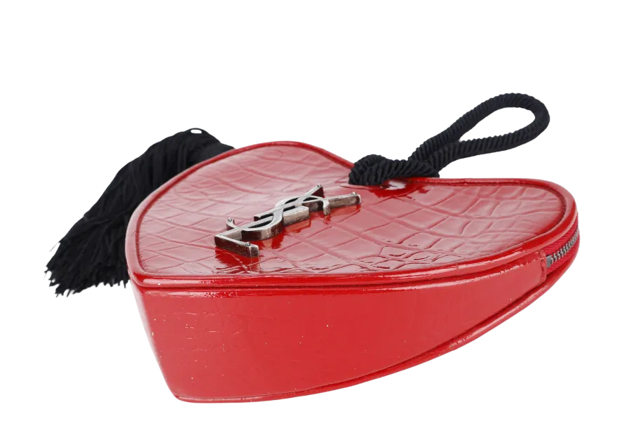 YVES SAINT LAURENT (YSL) PLB BOITE LOVE POCHETTE SMALL RED CROC EMBOSSED LEATHER SILVER HARDWARE WITH CARD AND DUST COVER