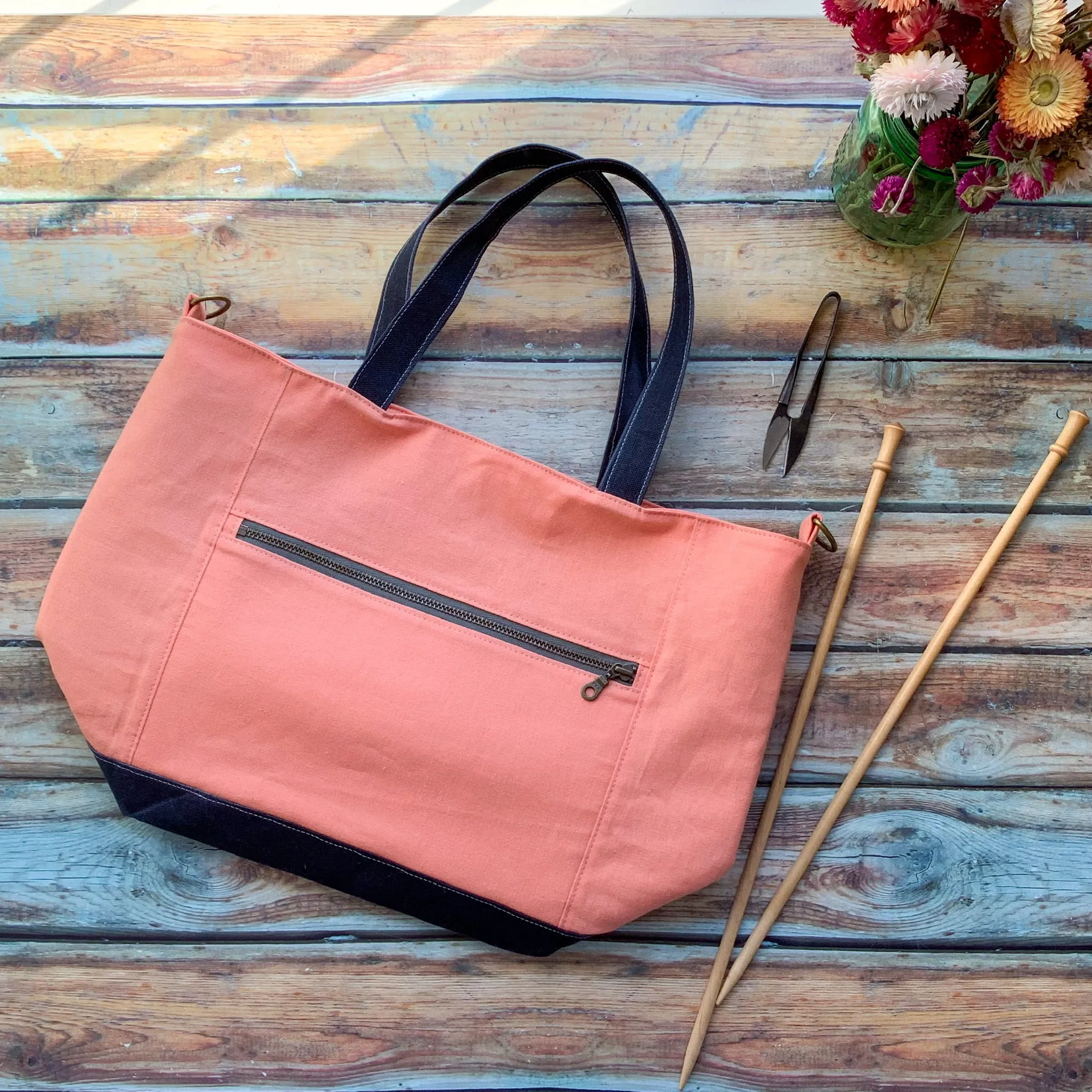 Zelda Tote- Linen Zippered Knitting Project Bag Tote Bag (Woodsy and Wild Tote)